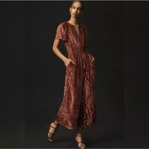 Anthropologie Somerset Jumpsuit Velvet Burnout Edition Sz Med Wide Leg Rust